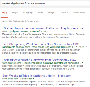 Google search for "weekend getaways from sacramento" | Click to enlarge